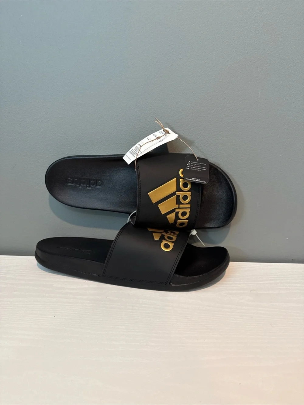 adidas Black Slides with Metallic Gold Logo NWT no box
